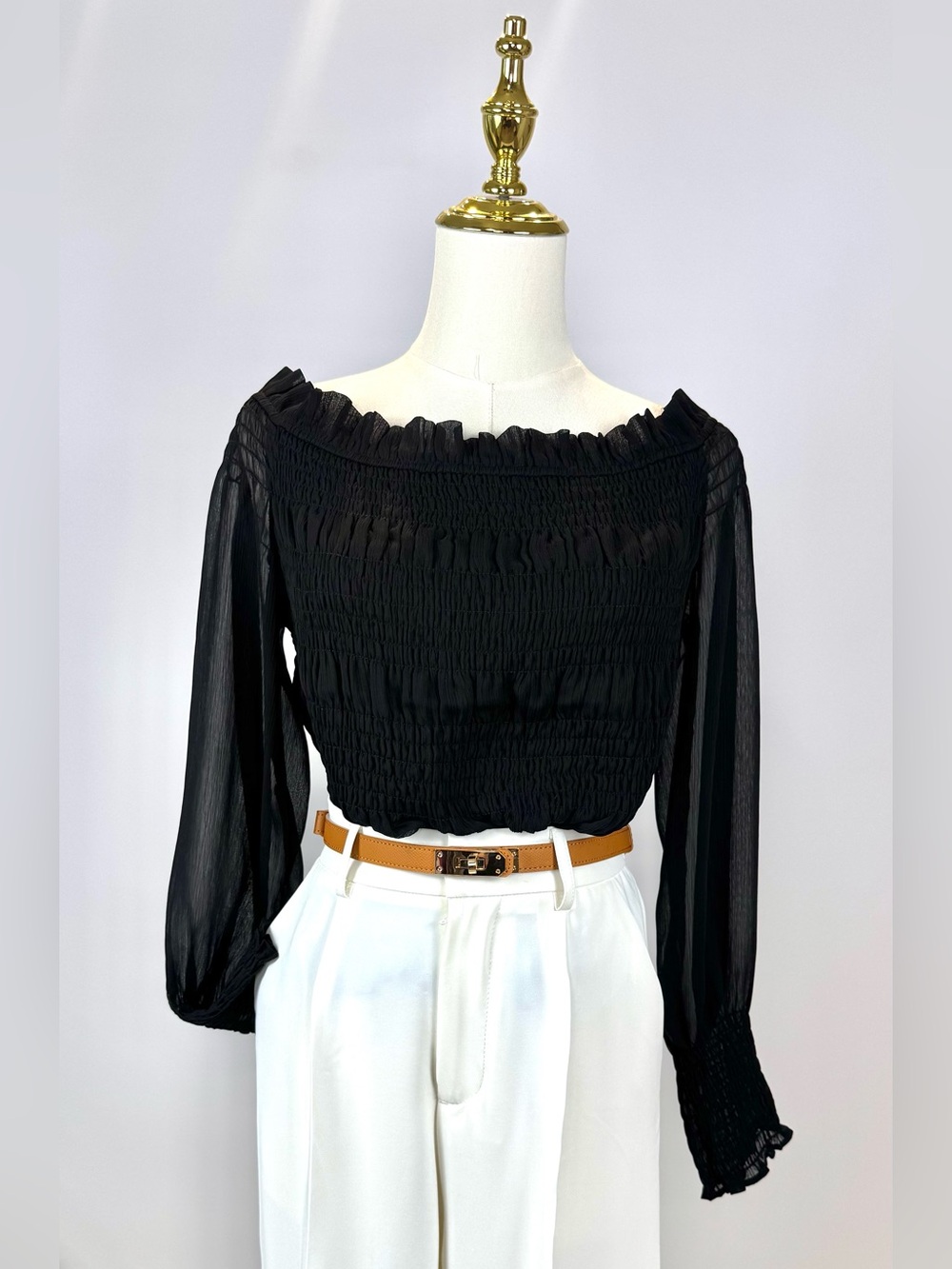 Express Black Smocked Off Shoulder Sheer Sleeve Blouse Top L - Picture 3 of 15